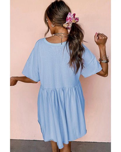 Sky Blue USA Flag Print Short Sleeve High Waist Babydoll Dress - S Femina Worldwide