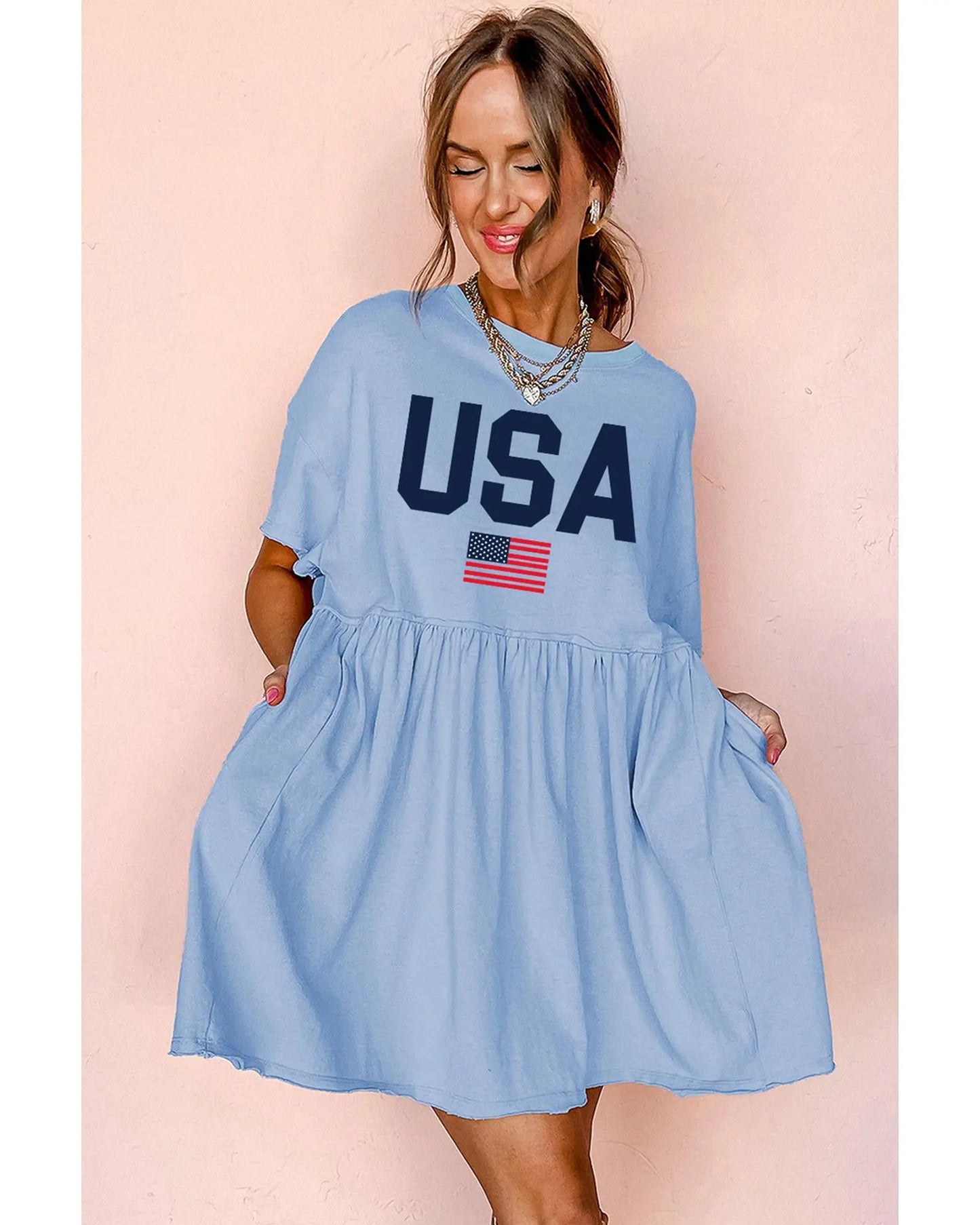Sky Blue USA Flag Print Short Sleeve High Waist Babydoll Dress - S Femina Worldwide