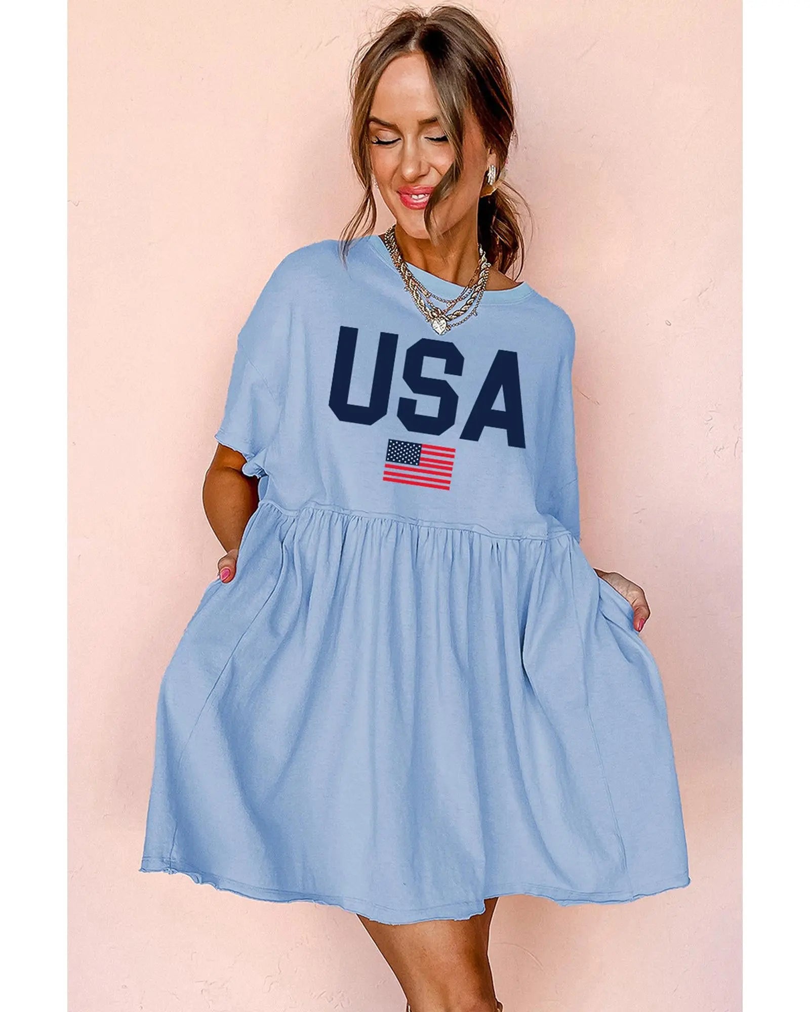 Sky Blue USA Flag Print Short Sleeve High Waist Babydoll Dress - S Femina Worldwide