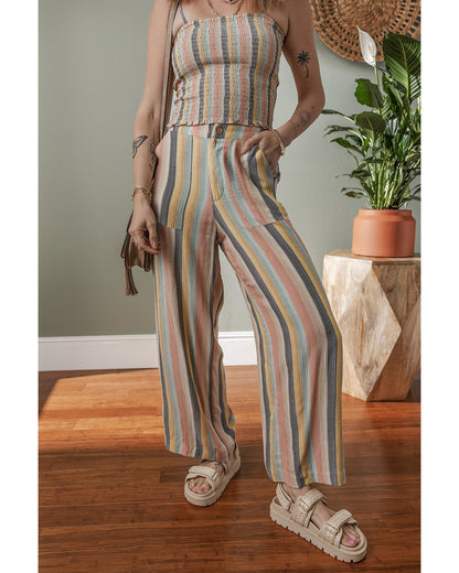 Multicolour Vertical Striped Smocked Cami Top Wide Leg Pants Set - XL