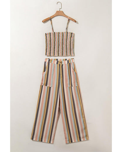 Multicolour Vertical Striped Smocked Cami Top Wide Leg Pants Set - XL