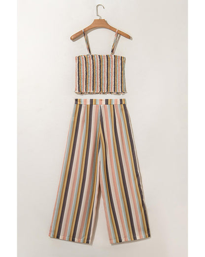 Multicolour Vertical Striped Smocked Cami Top Wide Leg Pants Set - XL