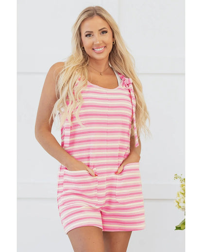 Pink Stripe Knotted Strap Patched Pocket Romper - L Femina Worldwide