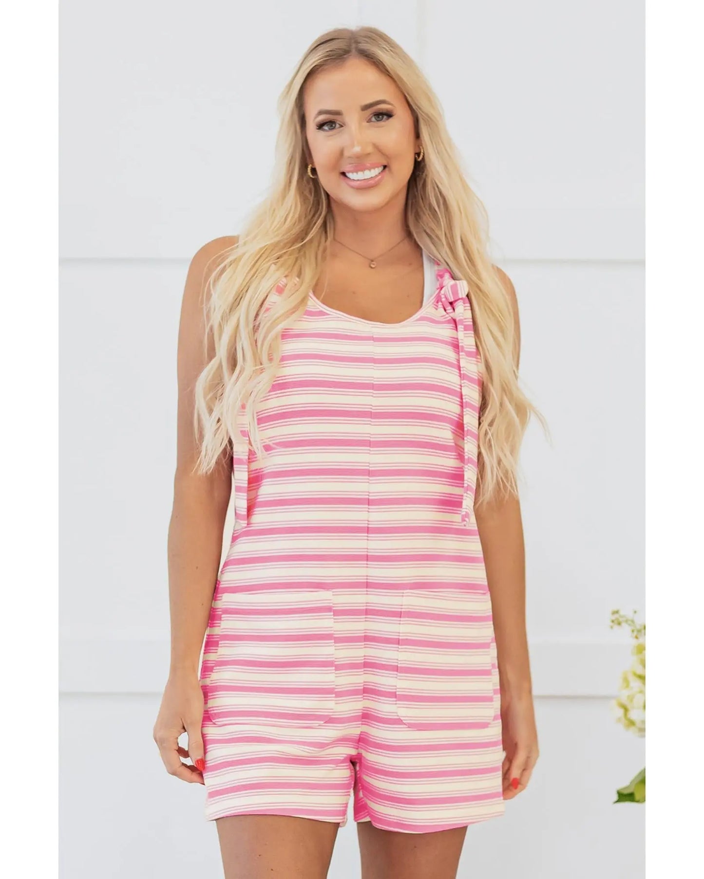 Pink Stripe Knotted Strap Patched Pocket Romper - L Femina Worldwide