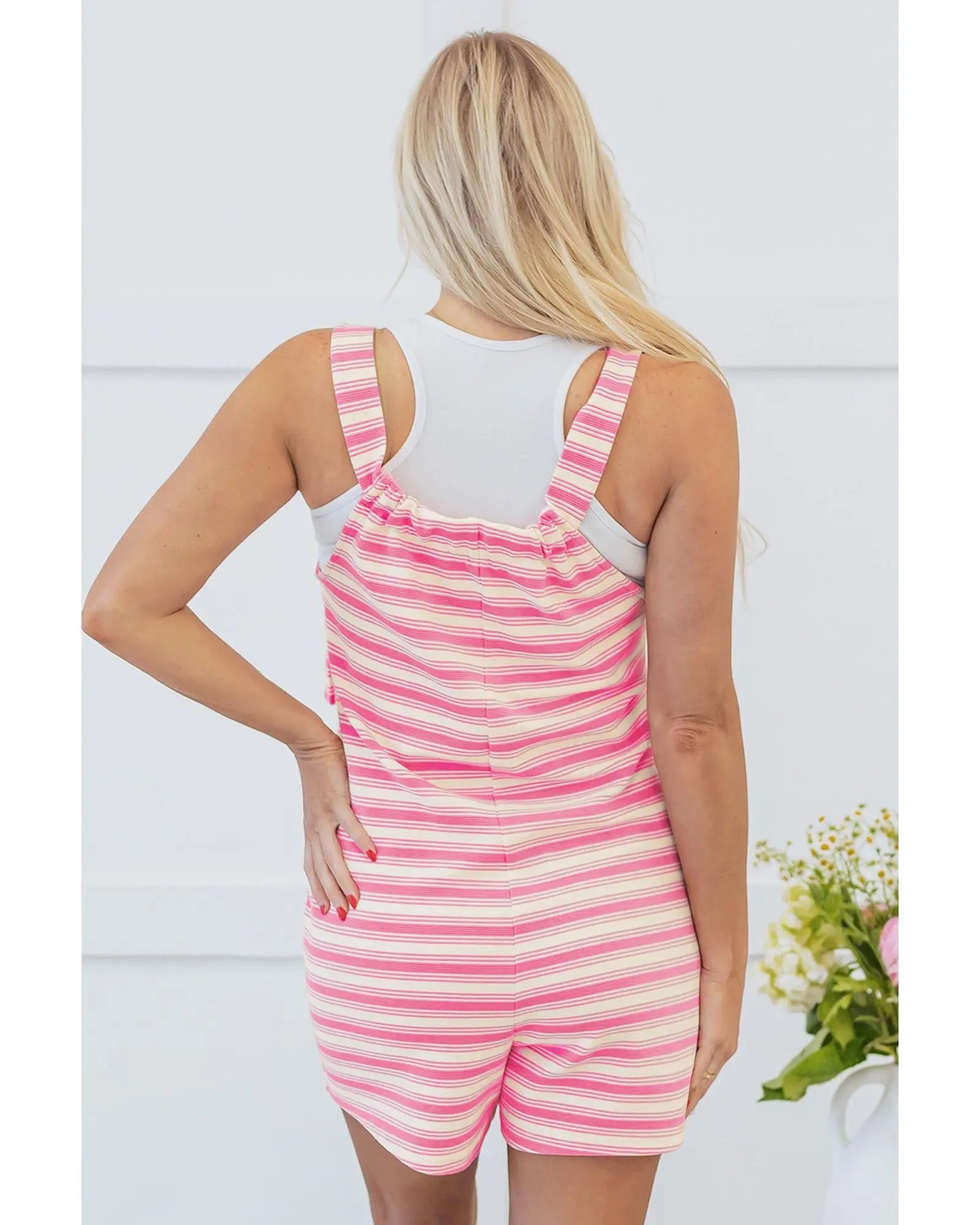 Pink Stripe Knotted Strap Patched Pocket Romper - XL Femina Worldwide