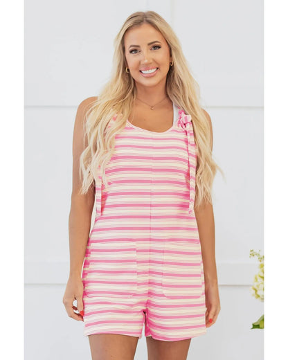 Pink Stripe Knotted Strap Patched Pocket Romper - XL Femina Worldwide