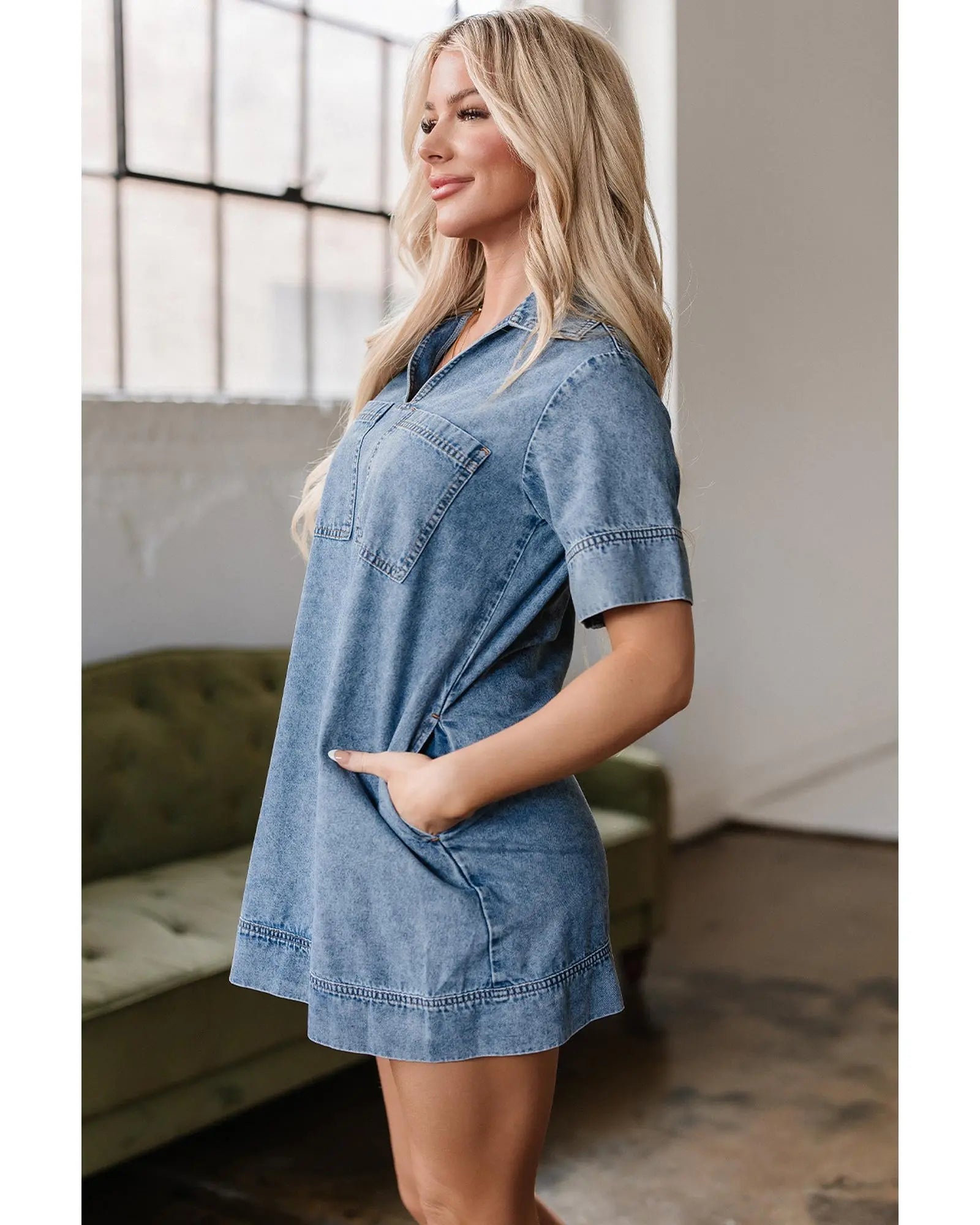Beau Blue Short Sleeve Collared Patched Pocket Denim Mini Dress - L Femina Worldwide