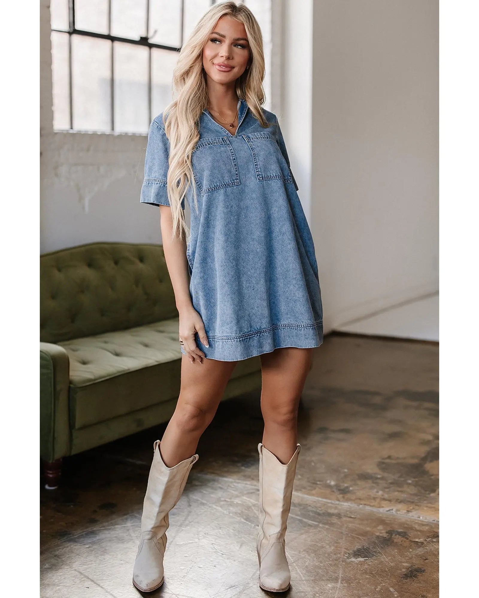 Beau Blue Short Sleeve Collared Patched Pocket Denim Mini Dress - L Femina Worldwide