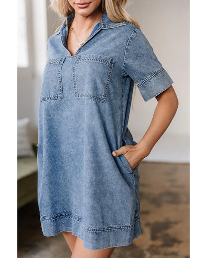 Beau Blue Short Sleeve Collared Patched Pocket Denim Mini Dress - L Femina Worldwide