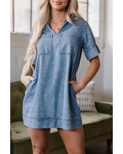 Beau Blue Short Sleeve Collared Patched Pocket Denim Mini Dress - L Femina Worldwide
