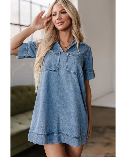 Beau Blue Short Sleeve Collared Patched Pocket Denim Mini Dress - M Femina Worldwide