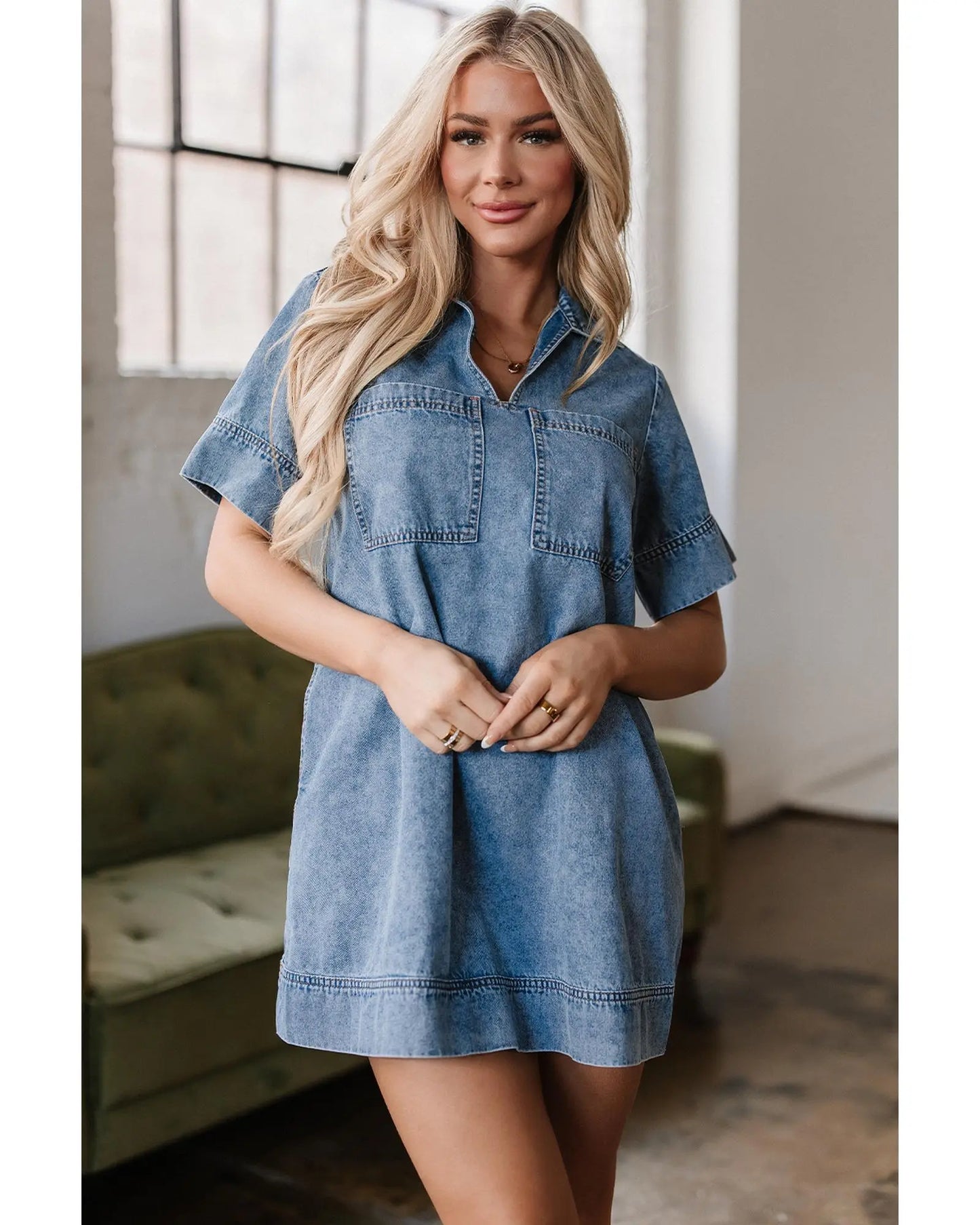 Beau Blue Short Sleeve Collared Patched Pocket Denim Mini Dress - M Femina Worldwide