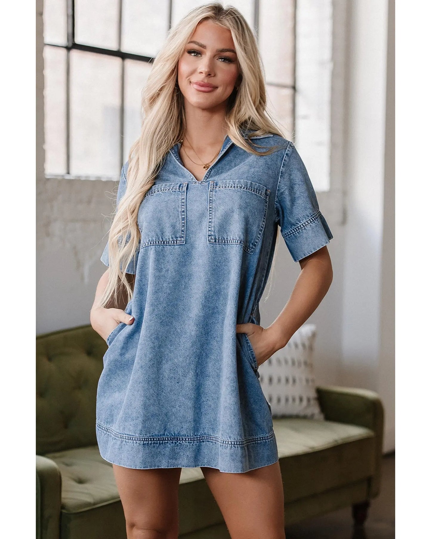 Beau Blue Short Sleeve Collared Patched Pocket Denim Mini Dress - M Femina Worldwide