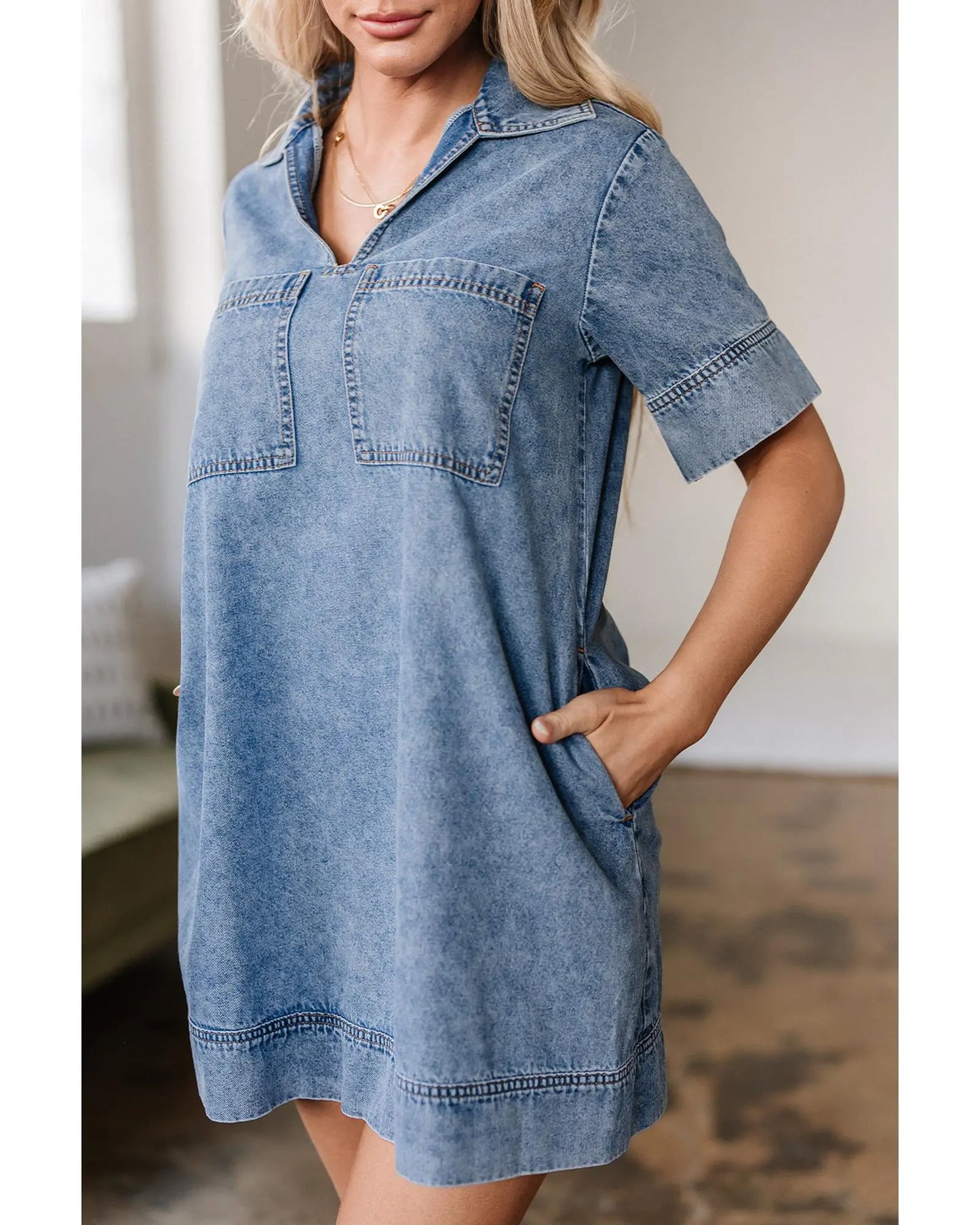 Beau Blue Short Sleeve Collared Patched Pocket Denim Mini Dress - M Femina Worldwide