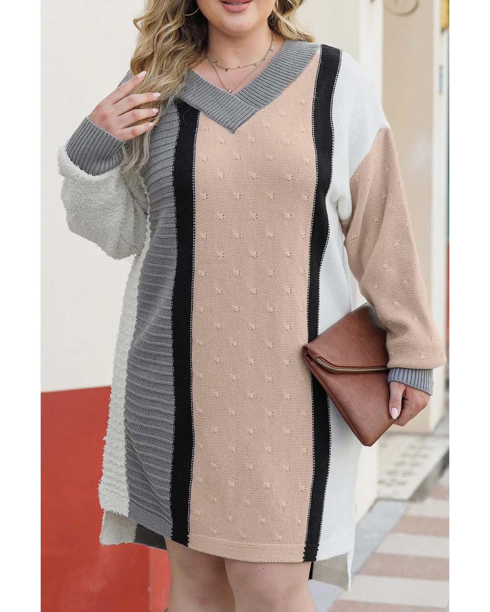 Apricot Mixed Boucl Color Block Plus Size Sweater Dress - 2X Femina Worldwide