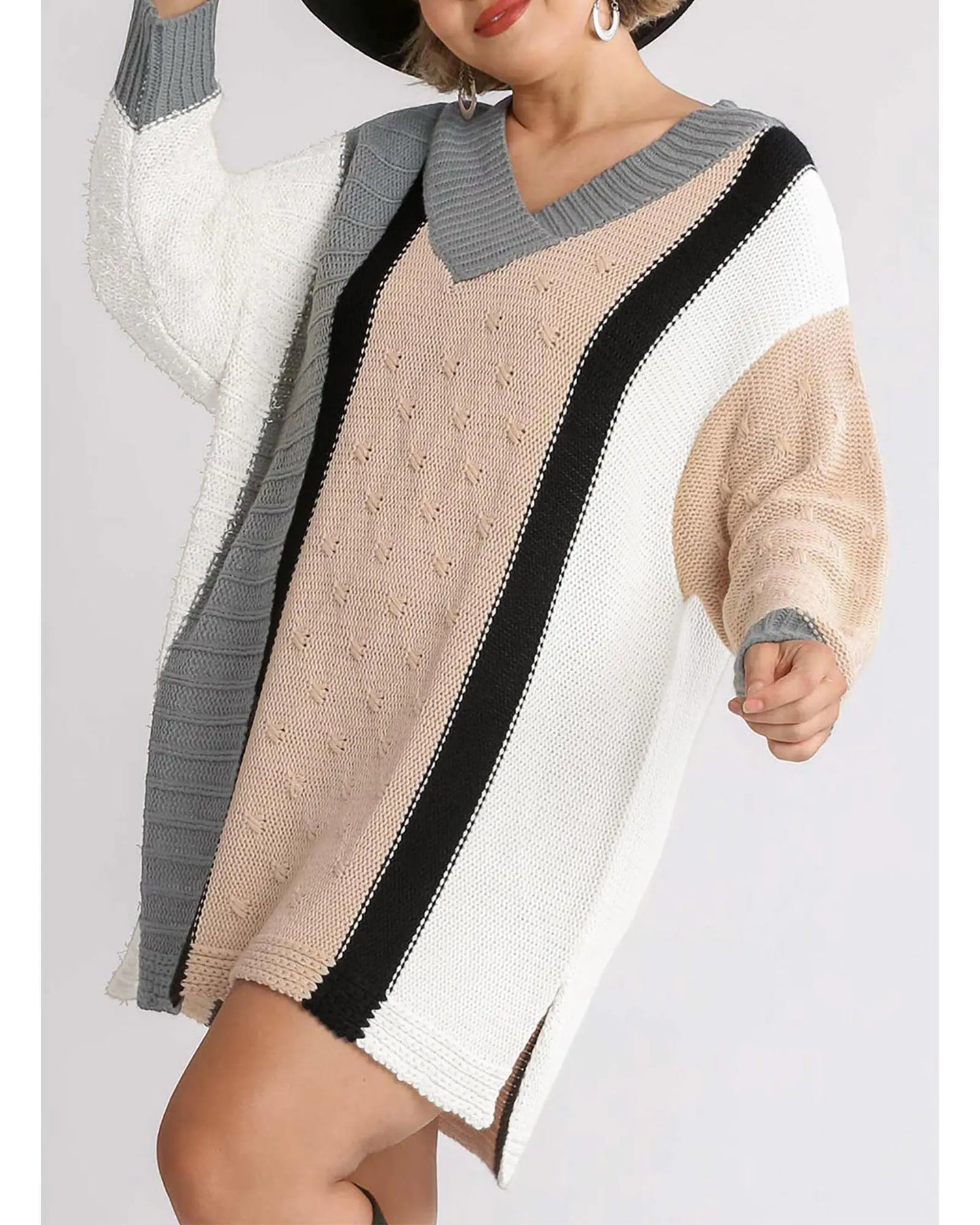 Apricot Mixed Boucl Color Block Plus Size Sweater Dress - 3X Femina Worldwide