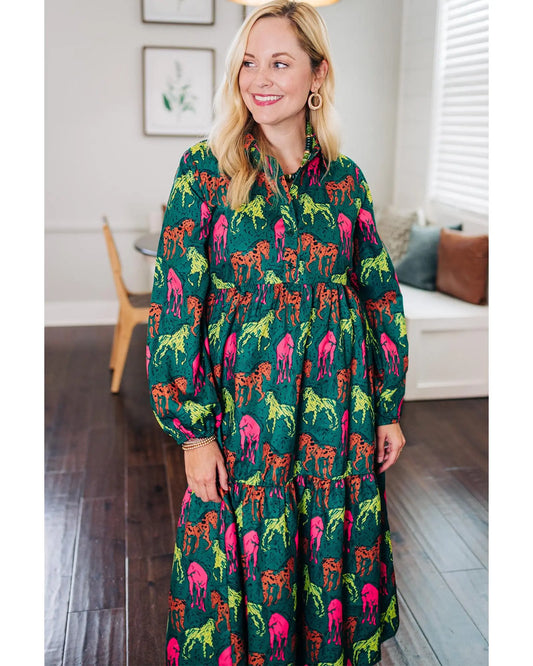 Green Horse Printed Long Sleeve Collared Buttoned Plus Size Midi Dress - 2X Femina Worldwide