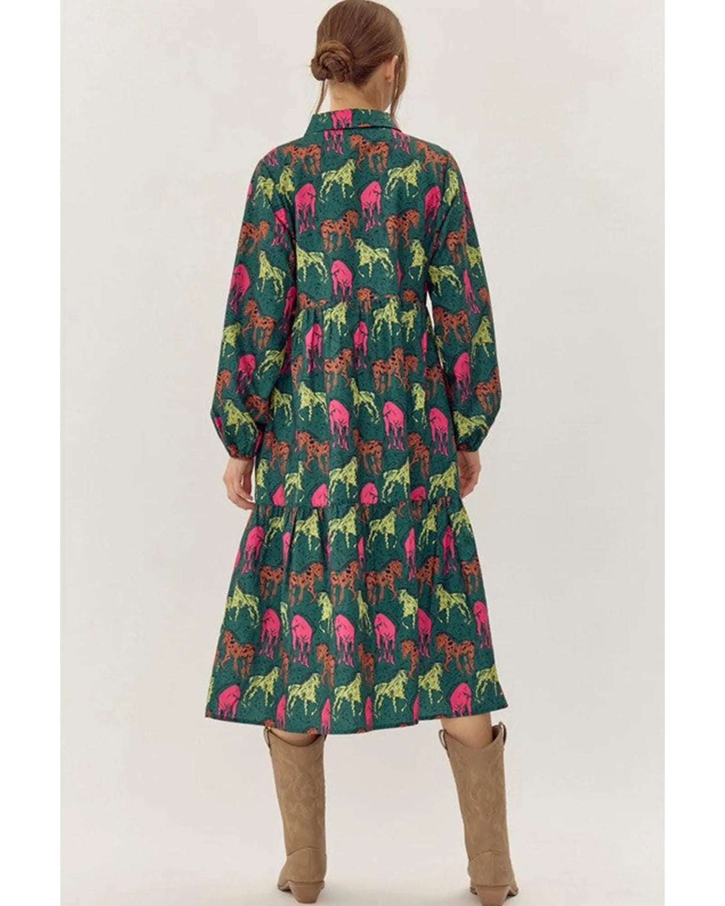 Green Horse Printed Long Sleeve Collared Buttoned Plus Size Midi Dress - 2X Femina Worldwide