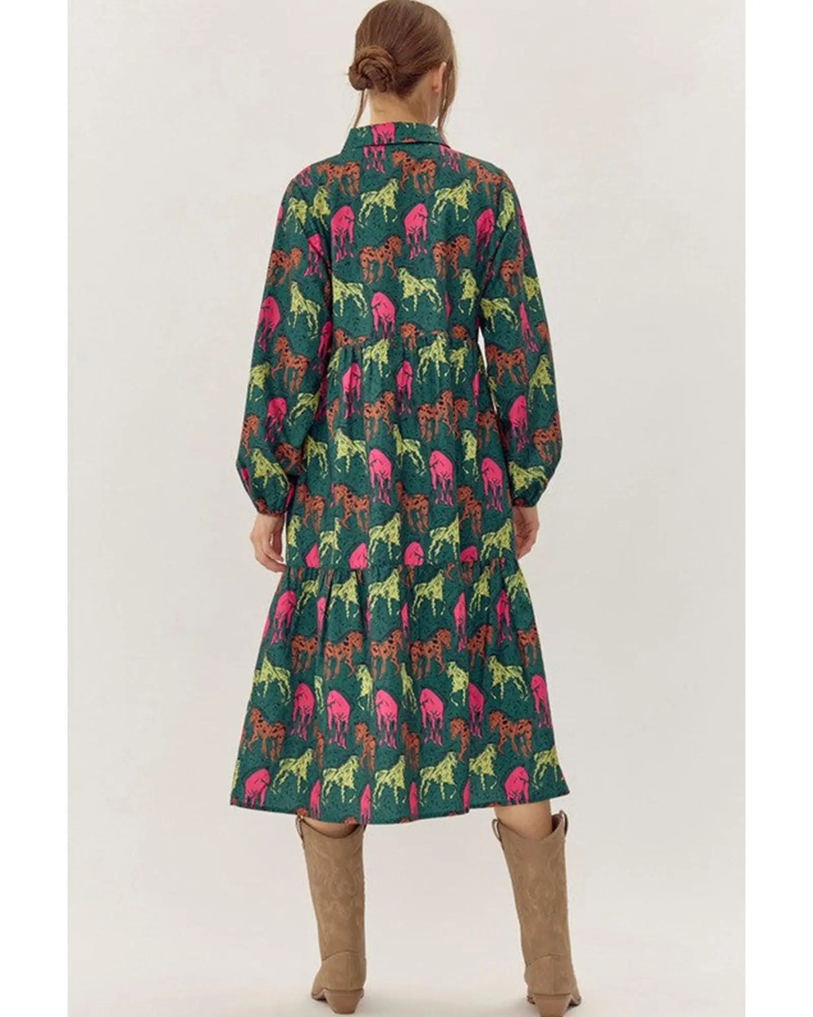Green Horse Printed Long Sleeve Collared Buttoned Plus Size Midi Dress - 2X Femina Worldwide
