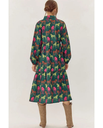 Green Horse Printed Long Sleeve Collared Buttoned Plus Size Midi Dress - 2X Femina Worldwide