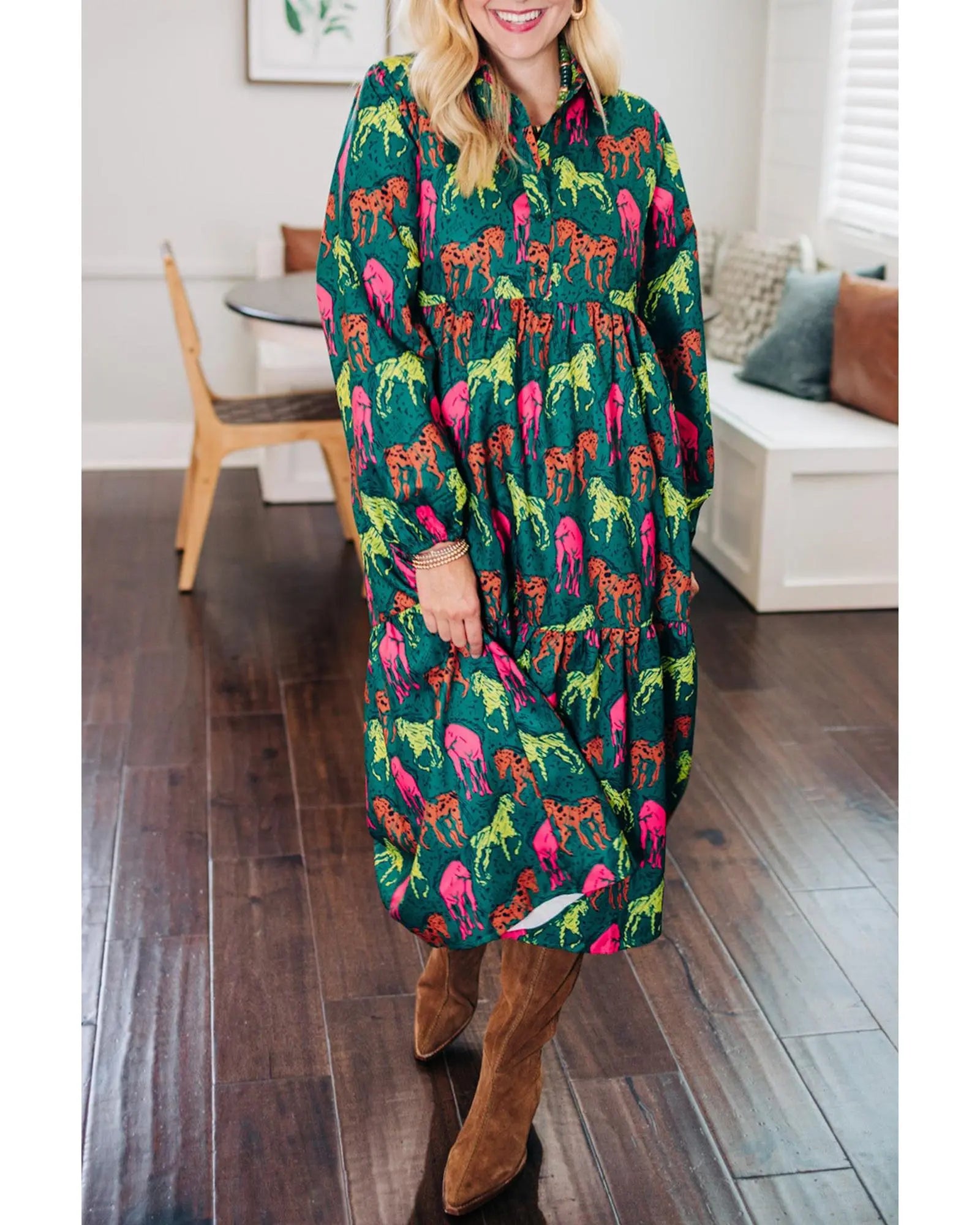 Green Horse Printed Long Sleeve Collared Buttoned Plus Size Midi Dress - 2X Femina Worldwide