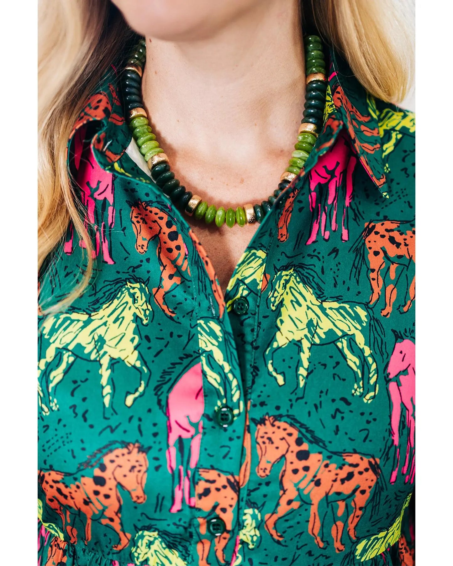 Green Horse Printed Long Sleeve Collared Buttoned Plus Size Midi Dress - 2X Femina Worldwide