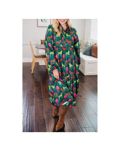 Green Horse Printed Long Sleeve Collared Buttoned Plus Size Midi Dress - 2X Femina Worldwide