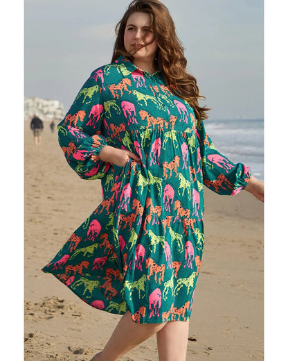 Green Horse Printed Long Sleeve Collared Buttoned Plus Size Midi Dress - 2X Femina Worldwide