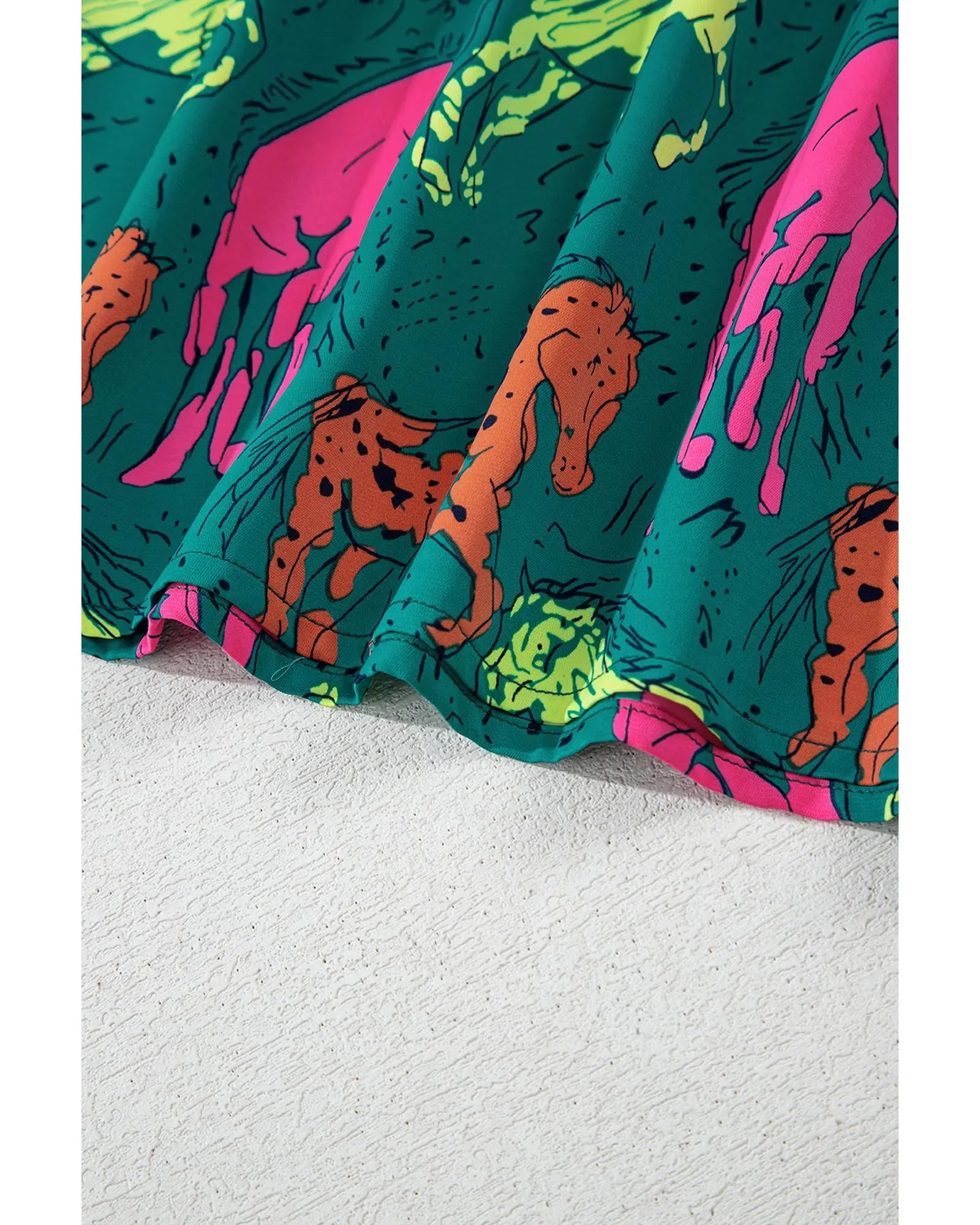 Green Horse Printed Long Sleeve Collared Buttoned Plus Size Midi Dress - 3X Femina Worldwide