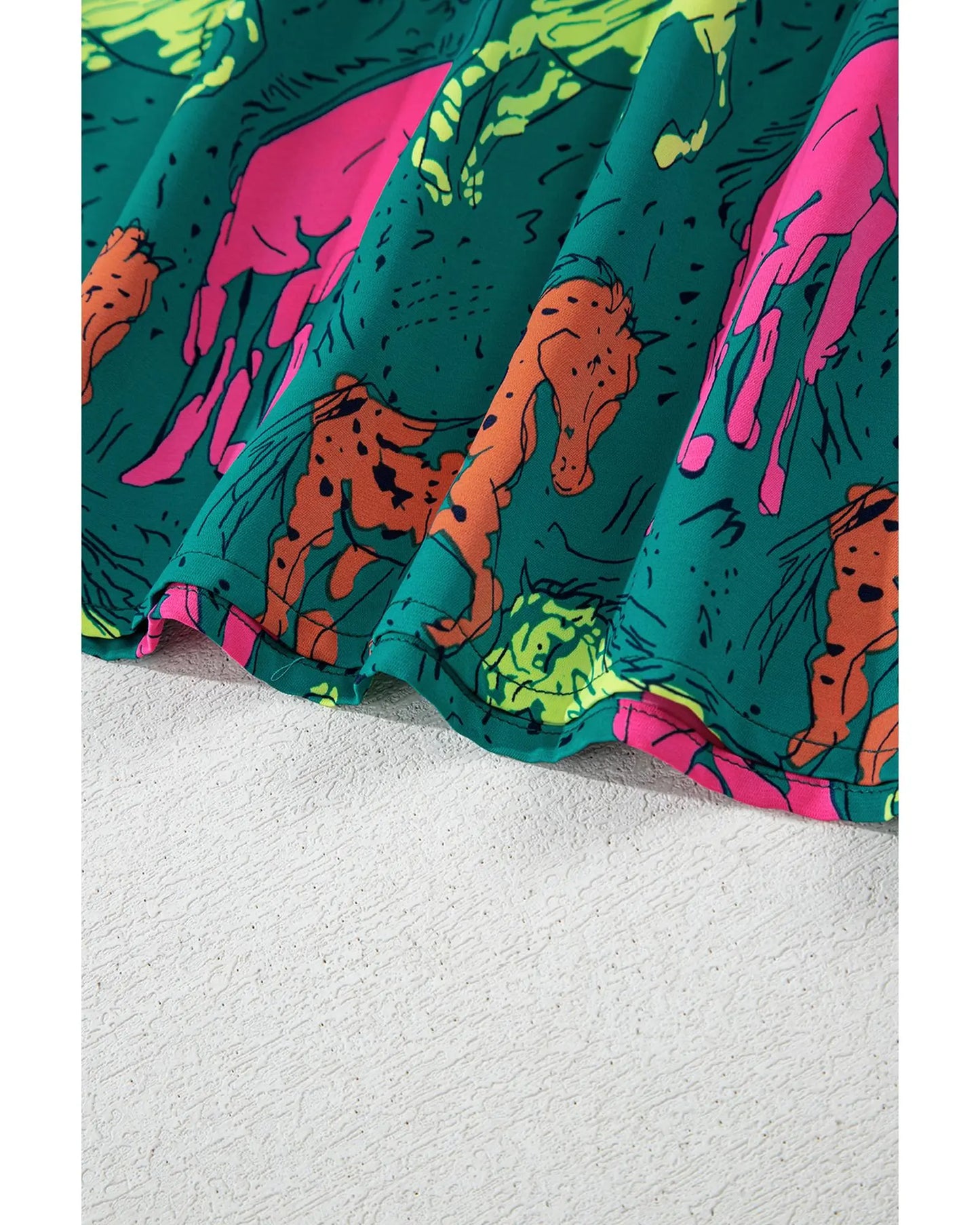 Green Horse Printed Long Sleeve Collared Buttoned Plus Size Midi Dress - 4X Femina Worldwide