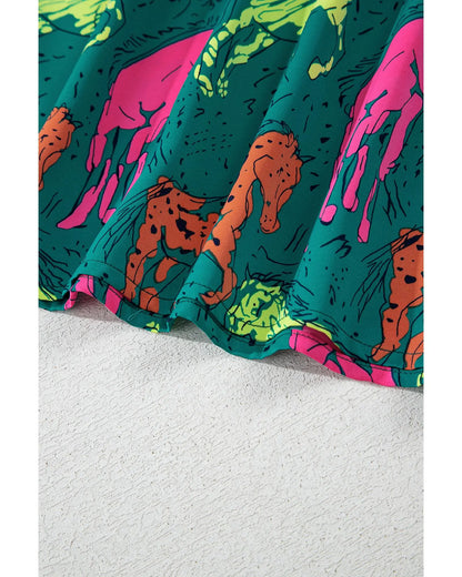 Green Horse Printed Long Sleeve Collared Buttoned Plus Size Midi Dress - 4X Femina Worldwide