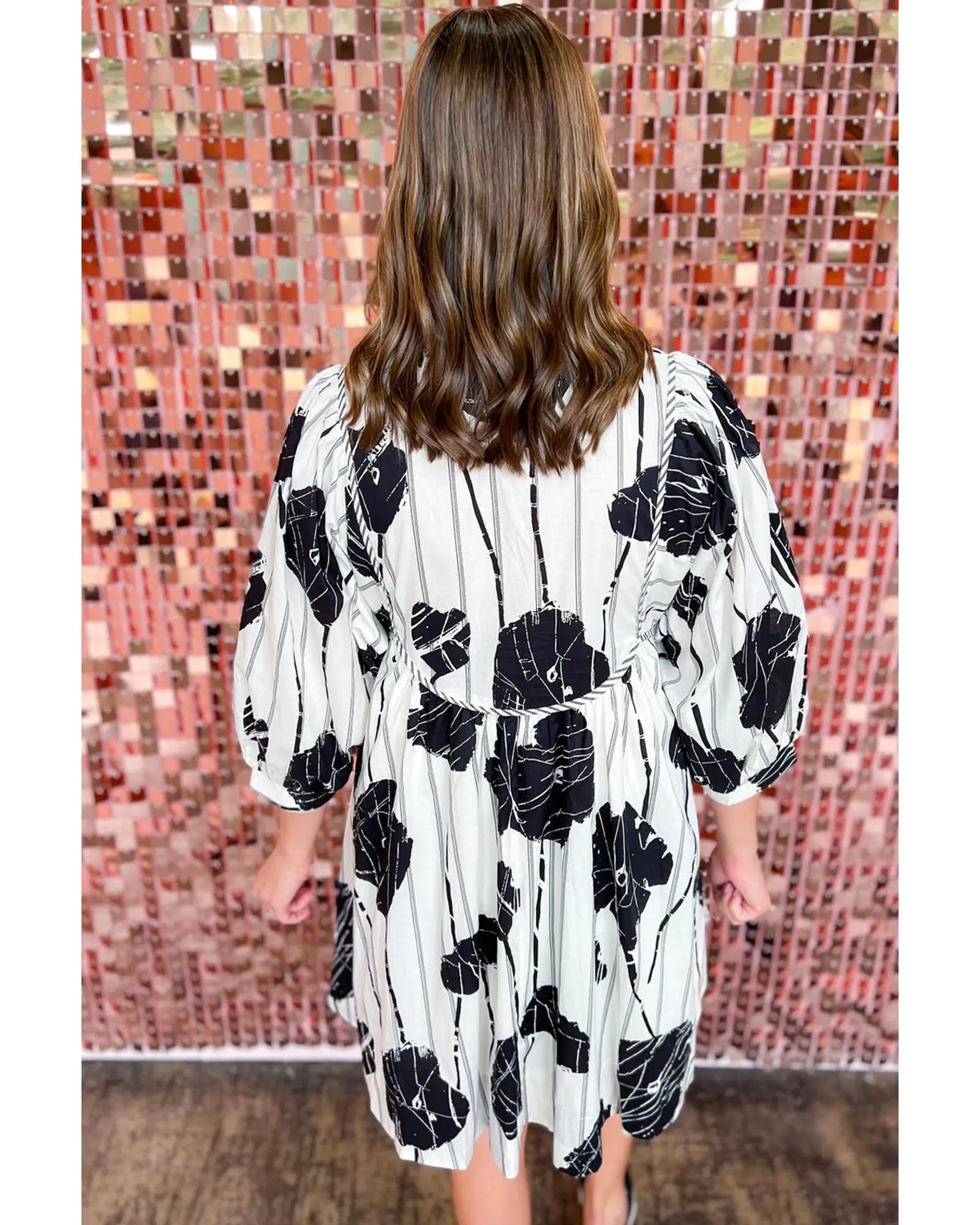Black Plus Size Floral 3/4 Puff Sleeve Lace-up Neck Mini Dress - 1X Femina Worldwide