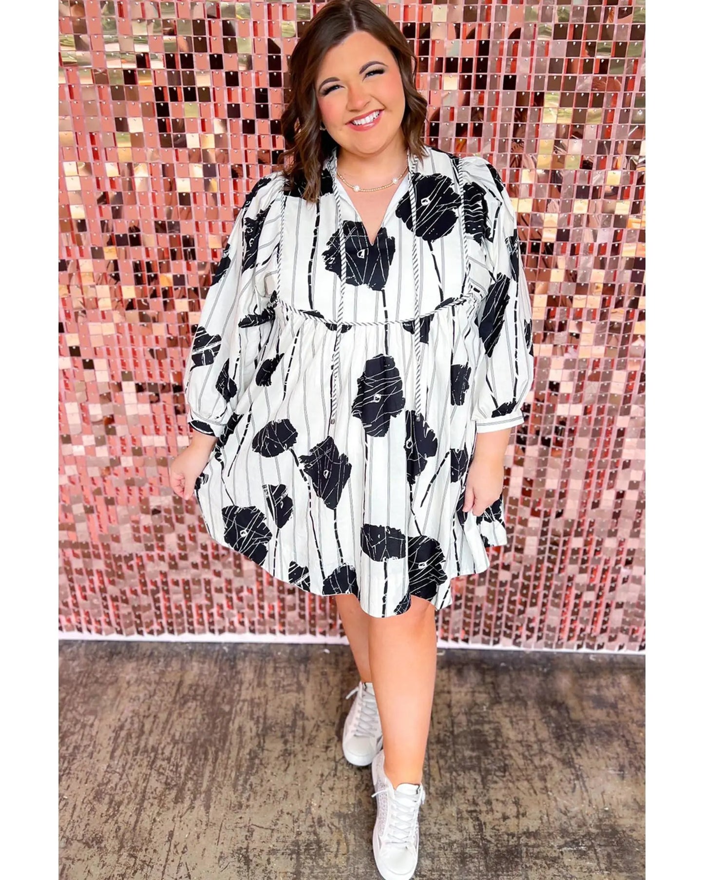 Black Plus Size Floral 3/4 Puff Sleeve Lace-up Neck Mini Dress - 3X Femina Worldwide
