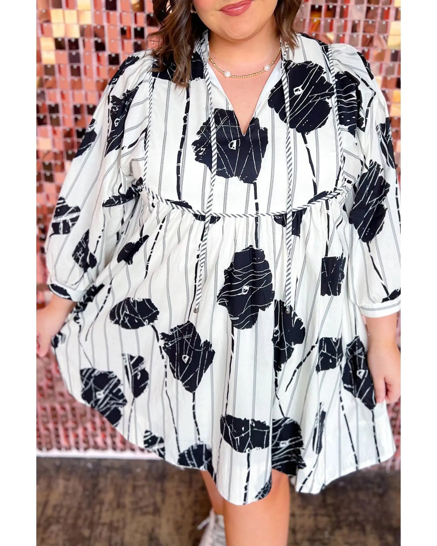 Black Plus Size Floral 3/4 Puff Sleeve Lace-up Neck Mini Dress - 3X Femina Worldwide