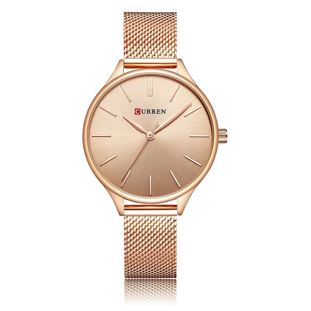 Waterproof Women Quartz Watch with Steel Strap - Casual Design - Gold Shell White Surface
