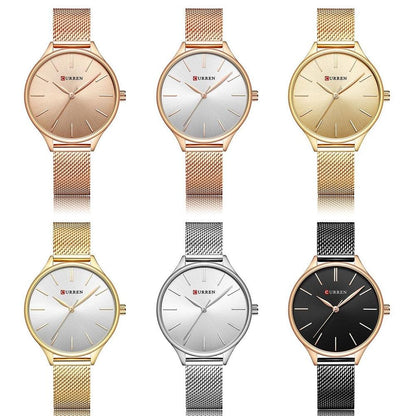 Waterproof Women Quartz Watch with Steel Strap - Casual Design - Gold Shell White Surface