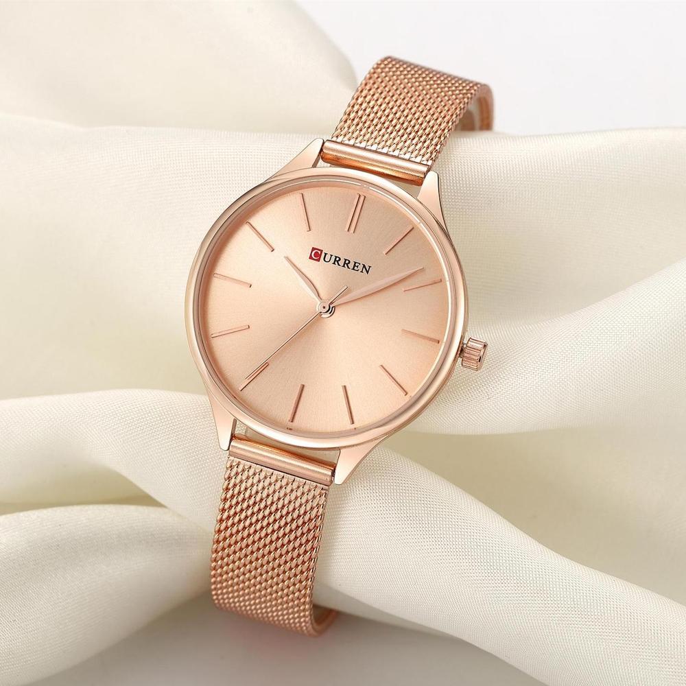 Waterproof Women Quartz Watch with Steel Strap - Casual Design - Gold Shell White Surface