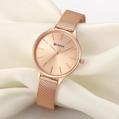 Waterproof Women Quartz Watch with Steel Strap - Casual Design - Gold Shell White Surface