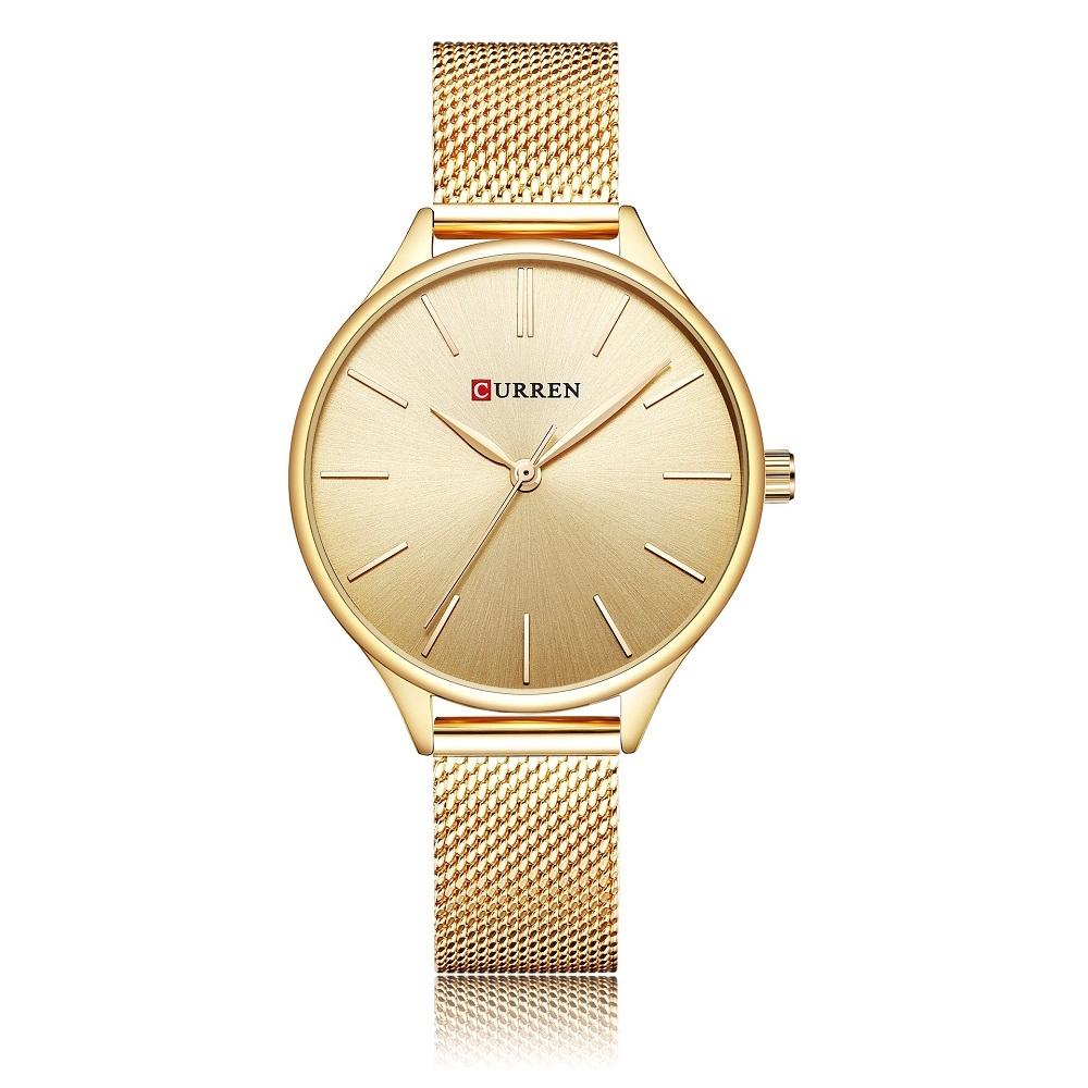 Waterproof Women Quartz Watch with Steel Strap - Casual Design - Gold Shell White Surface
