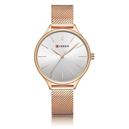 Waterproof Women Quartz Watch with Steel Strap - Casual Design - Gold Shell White Surface