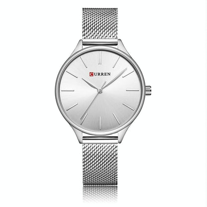 Waterproof Women Quartz Watch with Steel Strap - Casual Design - Gold Shell White Surface