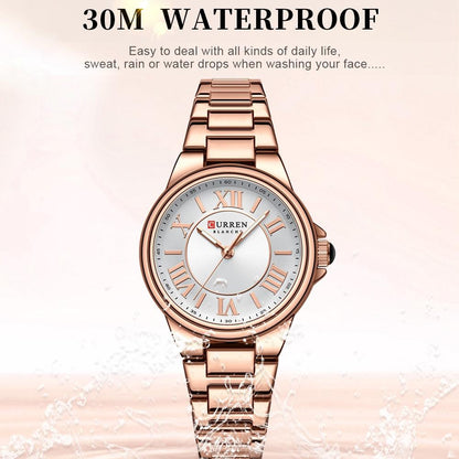Waterproof Women Watch with Steel Strap - Casual Design - Rose Shell Blue