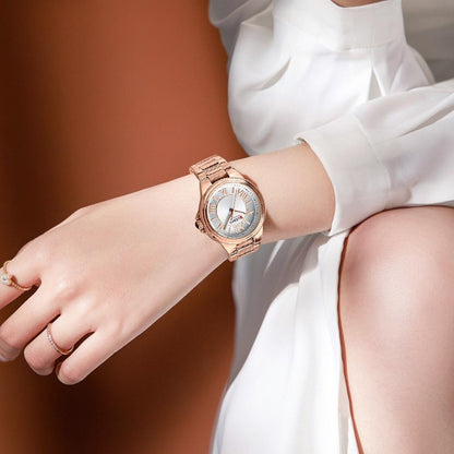 Waterproof Women Watch with Steel Strap - Casual Design - Rose Shell Blue