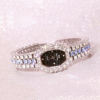 Women Diamond Plated Octagonal Quartz Watch with Rhinestone Bracelet - Silver Shell Blue Diamond