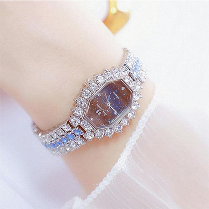 Women Diamond Plated Octagonal Quartz Watch with Rhinestone Bracelet - Silver Shell Blue Diamond