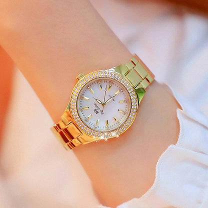 Women Round Diamond Watch with Alloy Strap - Interval Gold