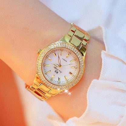 Women Round Diamond Watch with Alloy Strap - Interval Gold