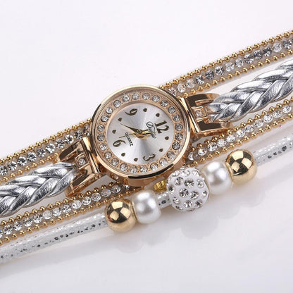 Women Beige Woven Pearl Bracelet Watch - Round Analog Quartz - Red
