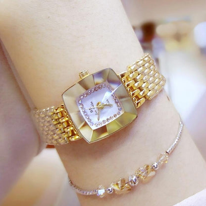 Stainless Steel Square Dial Women Watch with Simple Strap - Gold