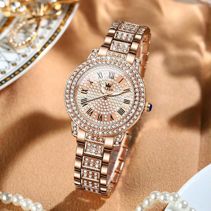 Waterproof Diamond Women Quartz Watch - Rose Gold Roman